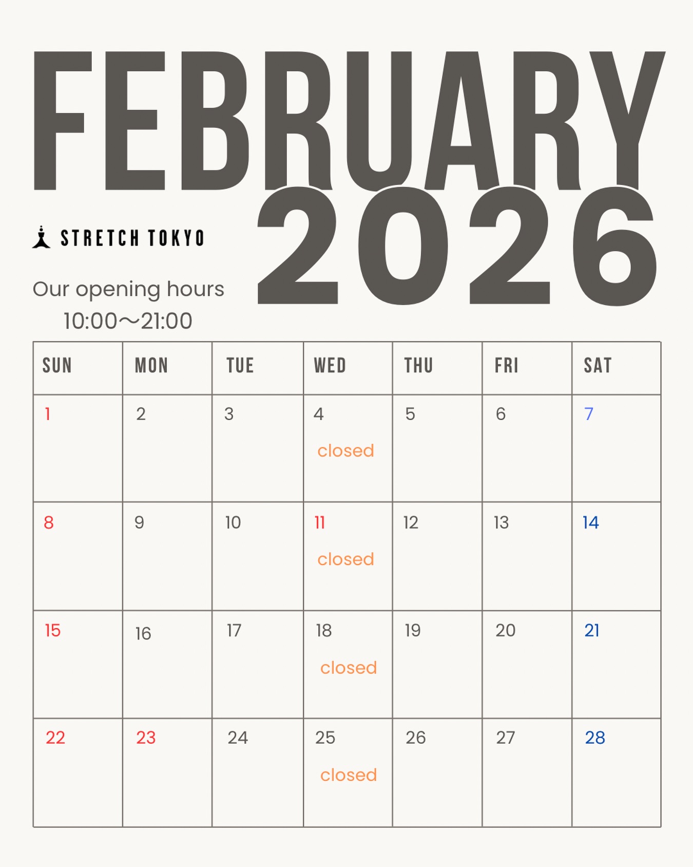 .
2026年2月
STRETCH TOKYOをよろしくお願いいたします🗼🌏
ストレッチ体験のご予約もお待ちしております🙂‍↕️☎️